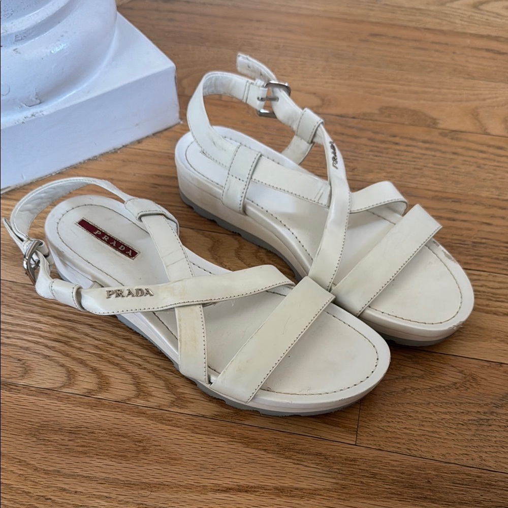 Prada White Strappy Sandals with Buckle Closure